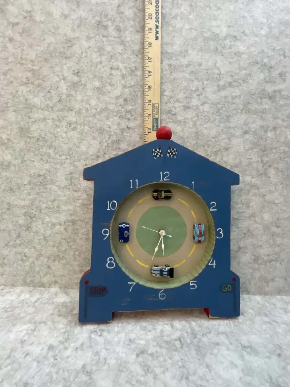 Vintage Handmade Wood Racing Car Mantel Clock Hand Painted